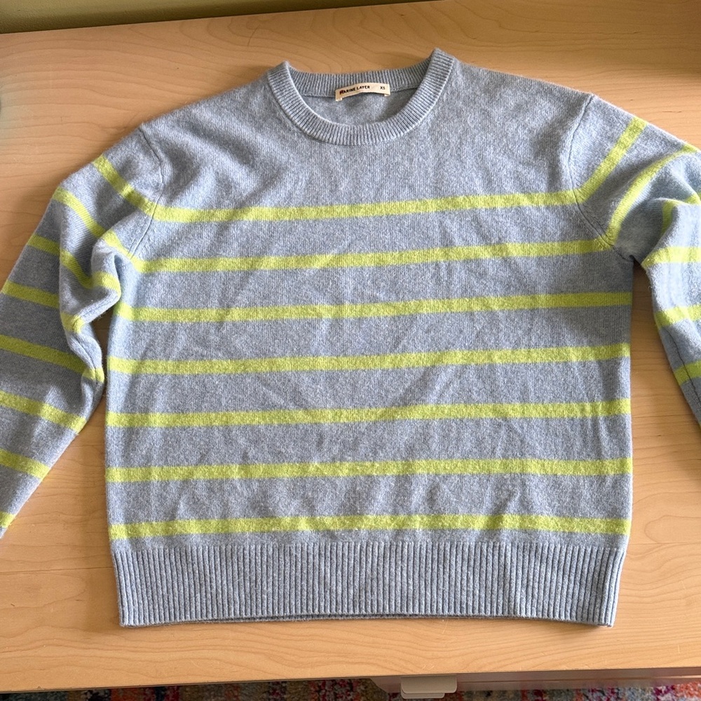 Marine Layer lightweight Women’s Cashmere Sweater in Gray and Yellow Stripes, XS